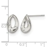 A pair of silver teardrop stud earrings with polished finish and small round diamond accents, shown next to a measurement scale.