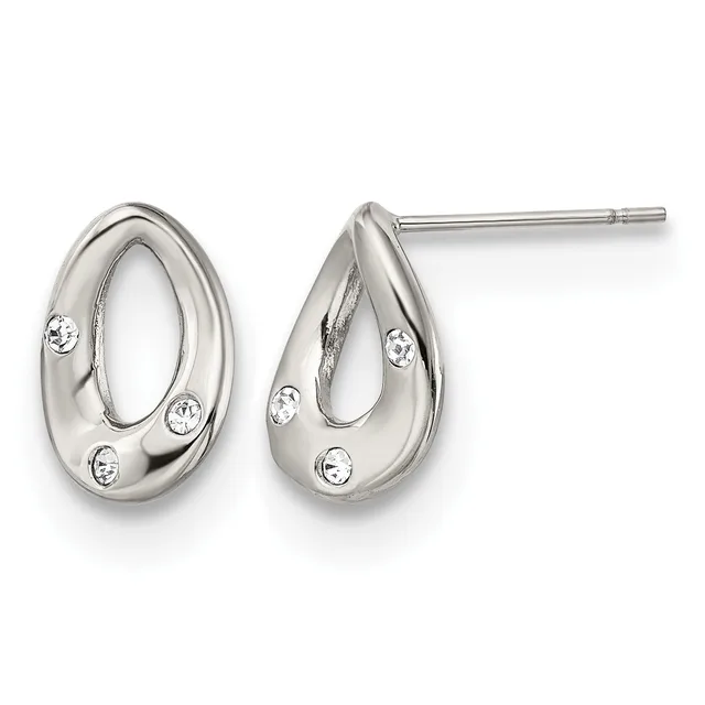 A pair of silver teardrop stud earrings with polished surfaces and small round white stone accents, shown from front and side angles.