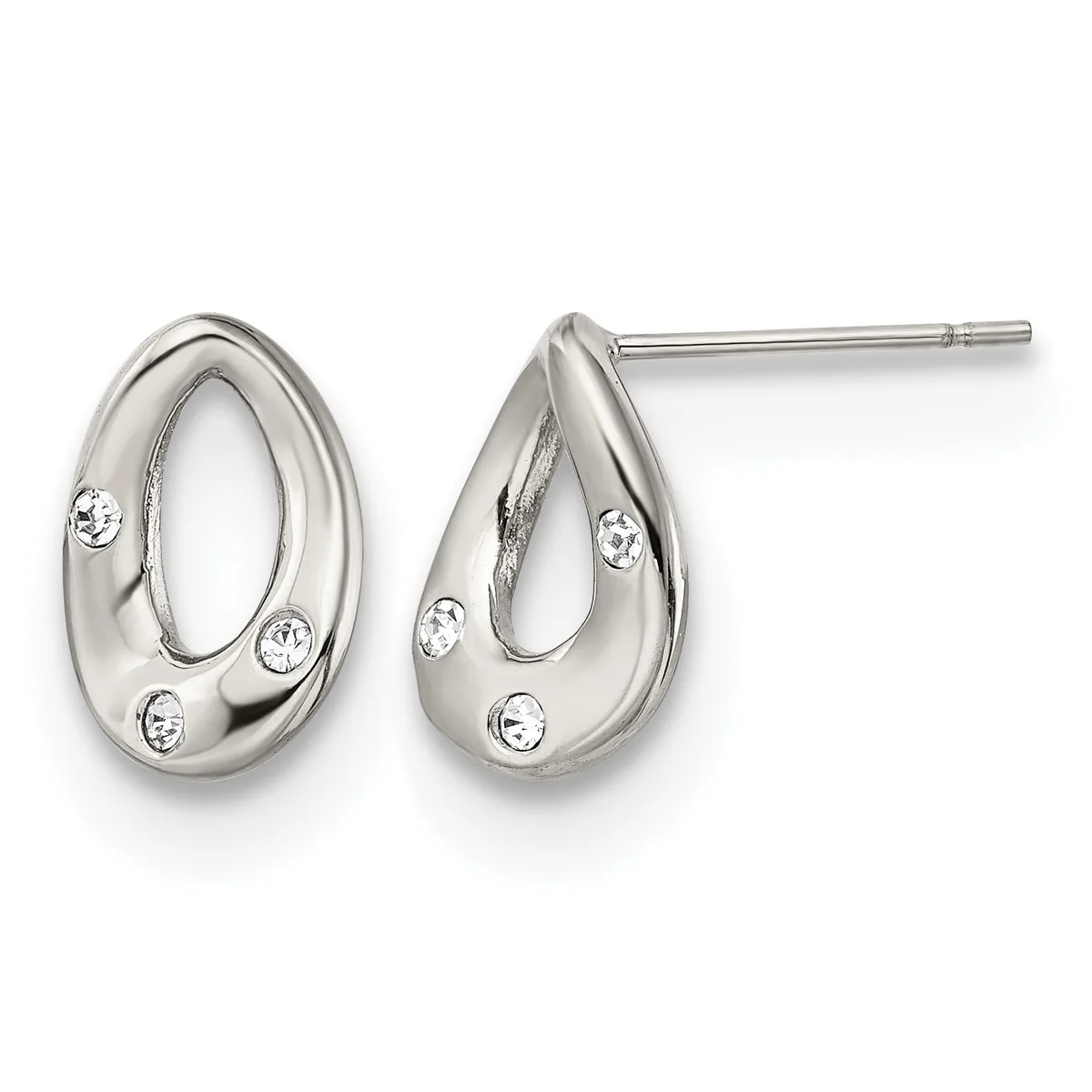 A pair of silver teardrop stud earrings with polished surfaces and small round white stone accents, shown from front and side angles.