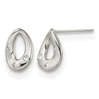 A pair of silver teardrop stud earrings with polished surfaces and small round white stone accents, shown from front and side angles.