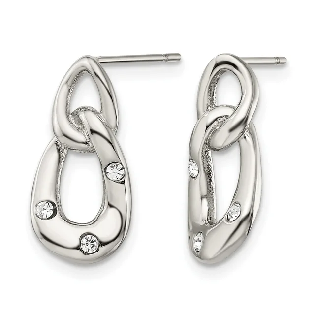 Pair of silver-toned interlocking loop dangle earrings with round white stone accents, shown from front and back views.