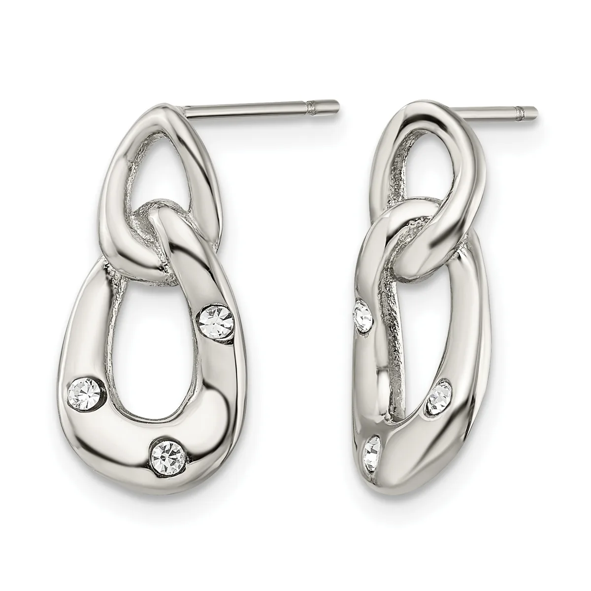 Pair of silver-toned interlocking loop dangle earrings with round white stone accents, shown from front and back views.