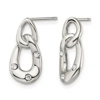 Pair of silver-toned interlocking loop dangle earrings with round white stone accents, shown from front and back views.