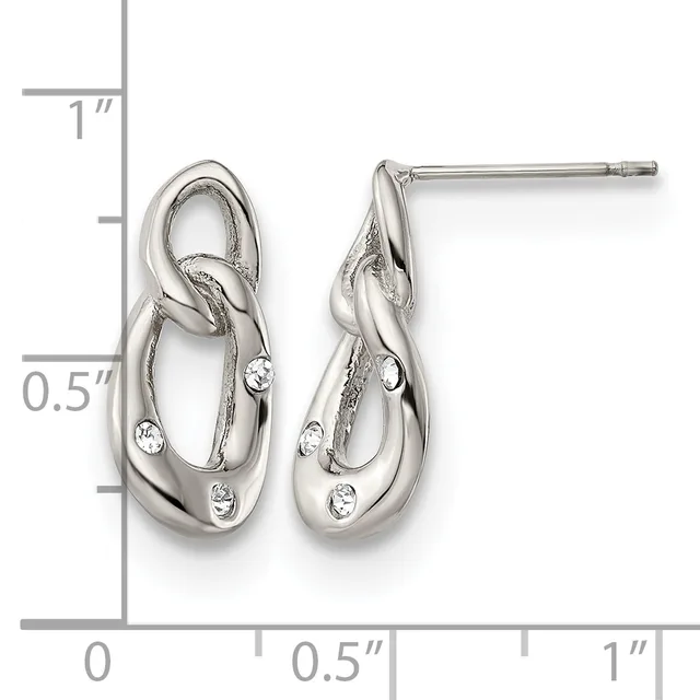 Pair of silver stud earrings with interlocking oval loops and small round diamonds, shown against a measurement scale indicating approximately one inch in length.
