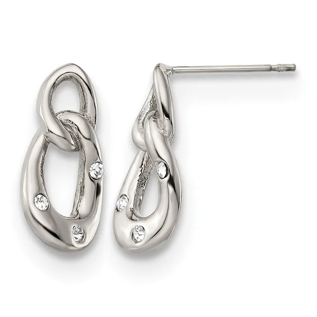 Pair of silver teardrop-shaped stud earrings with textured surfaces and small round cubic zirconia accents, shown from front and side angles.