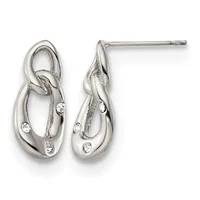 Pair of silver teardrop-shaped stud earrings with textured surfaces and small round cubic zirconia accents, shown from front and side angles.