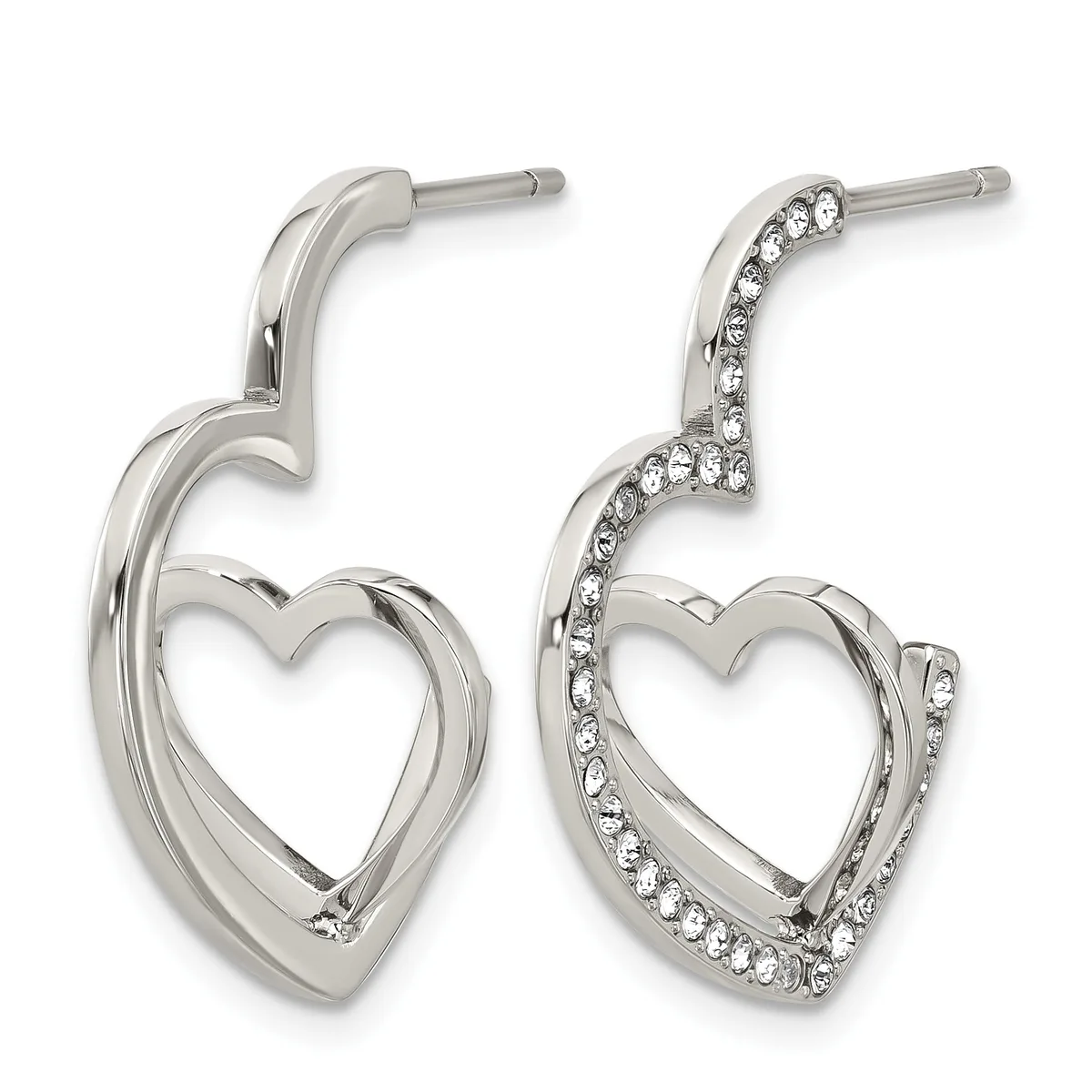 Pair of silver-tone stud earrings with heart-shaped designs, one plain and one with crystal embellishments along the curved edges.