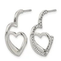 Pair of silver-tone stud earrings with heart-shaped designs, one plain and one with crystal embellishments along the curved edges.
