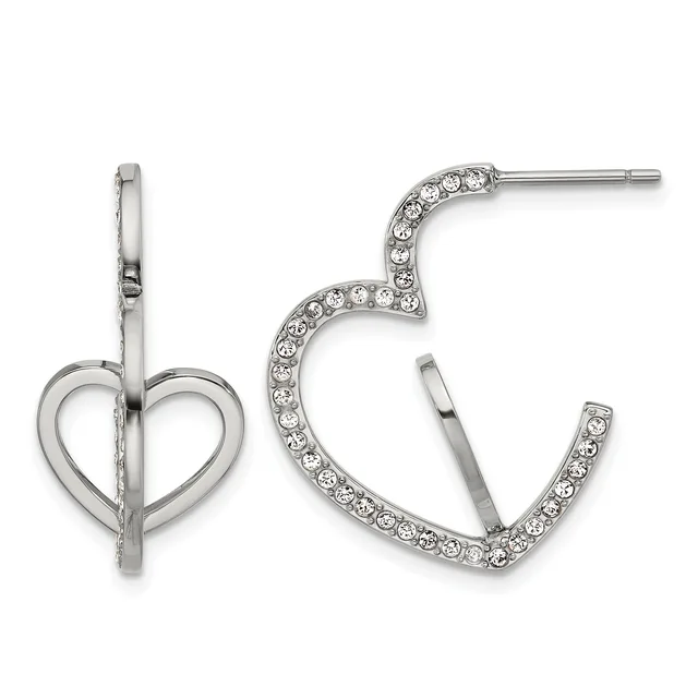 Pair of stainless steel hoop earrings, one plain heart-shaped and one larger curved hoop lined with rhinestones, shown from front and back views.