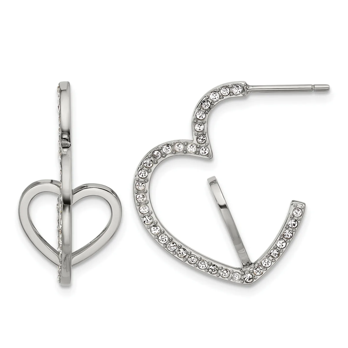 Pair of stainless steel hoop earrings, one plain heart-shaped and one larger curved hoop lined with rhinestones, shown from front and back views.