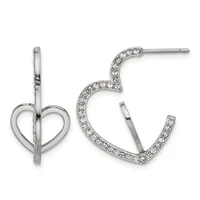 Pair of stainless steel hoop earrings, one plain heart-shaped and one larger curved hoop lined with rhinestones, shown from front and back views.