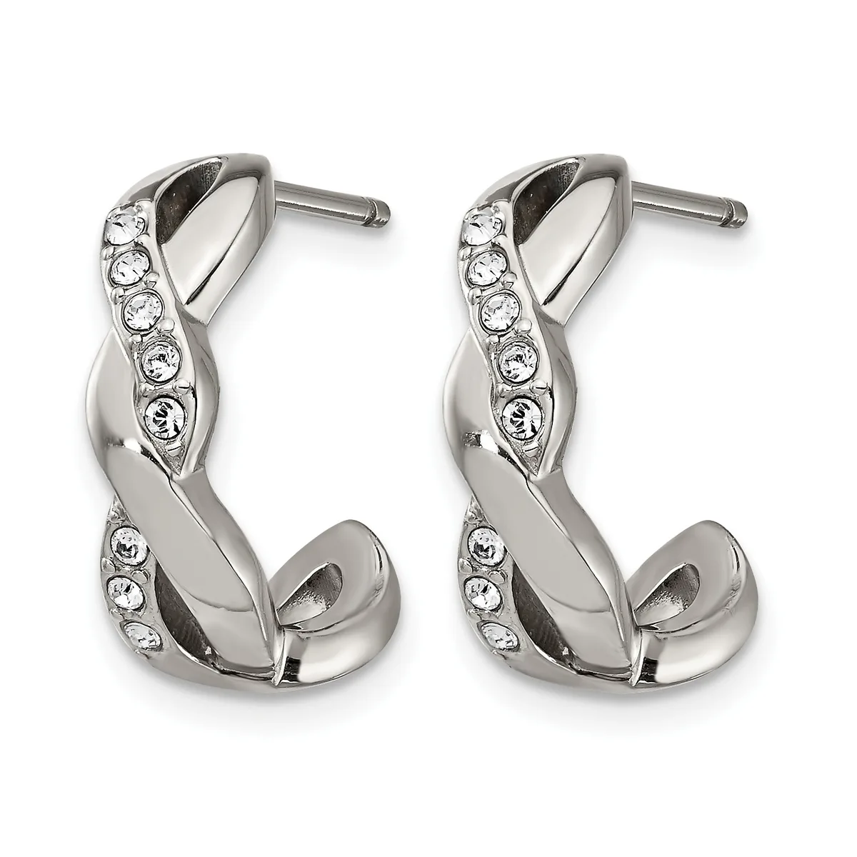 A pair of silver-toned hoop earrings with twisted design and round crystal embellishments along the curved edges, shown from the front.