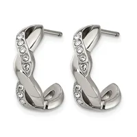 A pair of silver-toned hoop earrings with twisted design and round crystal embellishments along the curved edges, shown from the front.