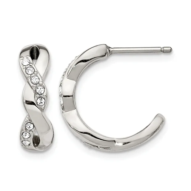 Pair of silver-toned hoop earrings with twisted design and round crystal accents arranged in a diagonal pattern along the front surface.