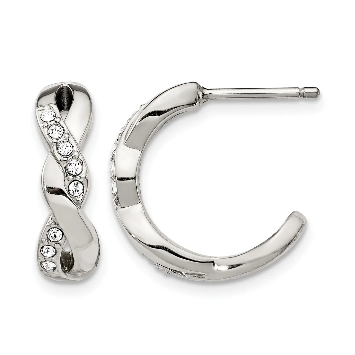 Pair of silver-toned hoop earrings with twisted design and round crystal accents arranged in a diagonal pattern along the front surface.