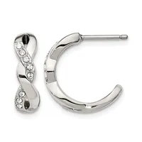Pair of silver-toned hoop earrings with twisted design and round crystal accents arranged in a diagonal pattern along the front surface.