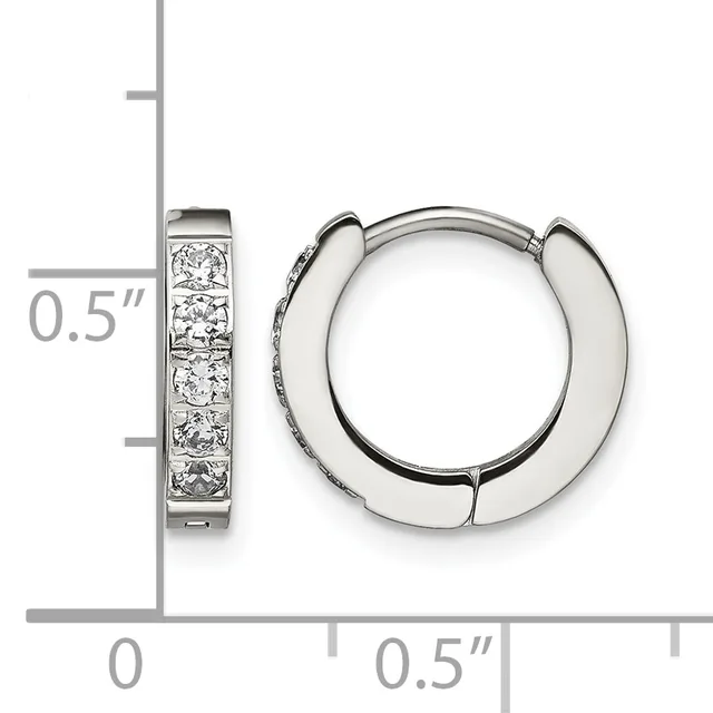 A pair of silver hoop earrings with channel-set cubic zirconia stones along the front, shown from front and side views with a measurement scale indicating approximately 0.5 inches in diameter.