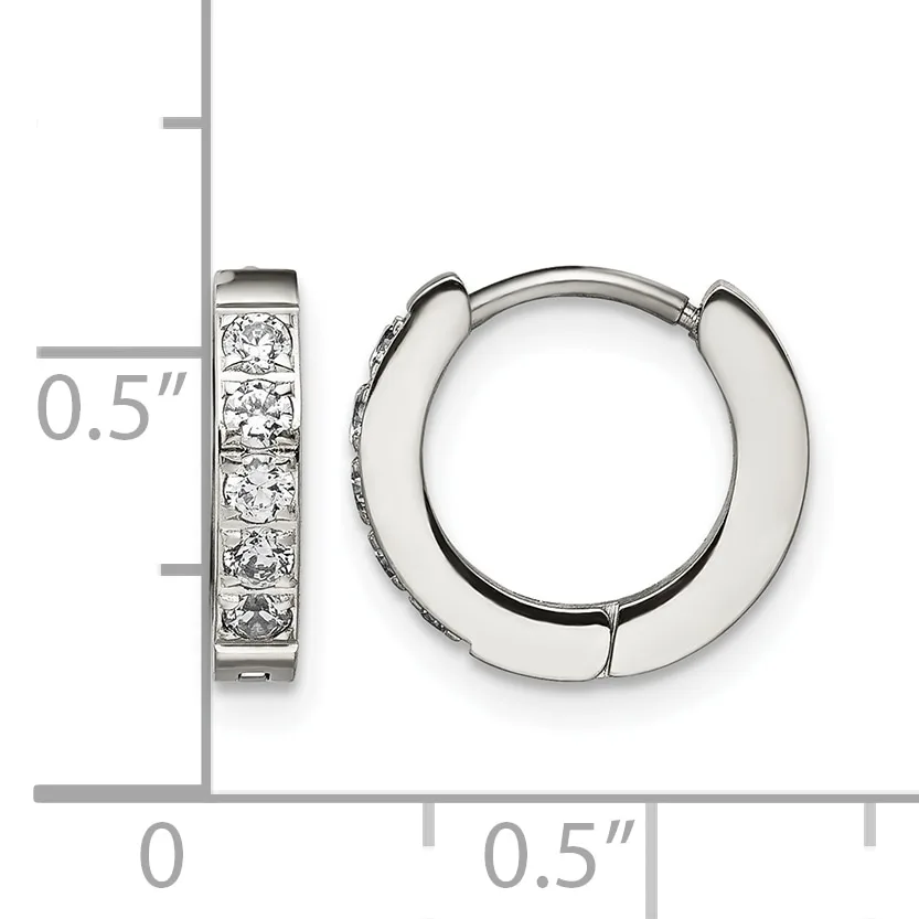 A pair of silver hoop earrings with channel-set cubic zirconia stones along the front, shown from front and side views with a measurement scale indicating approximately 0.5 inches in diameter.