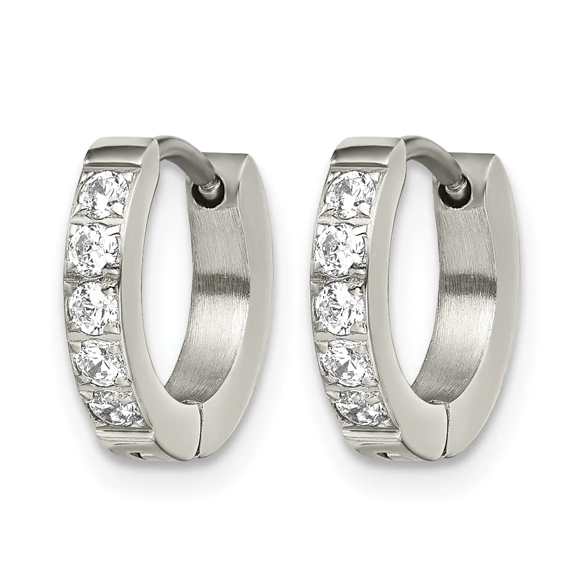 Pair of silver hoop earrings with channel-set round cubic zirconia stones along the outer edge and brushed finish on the inner surface.