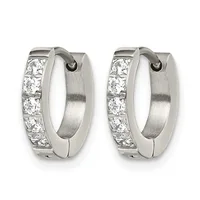 Pair of silver hoop earrings with channel-set round cubic zirconia stones along the outer edge and brushed finish on the inner surface.