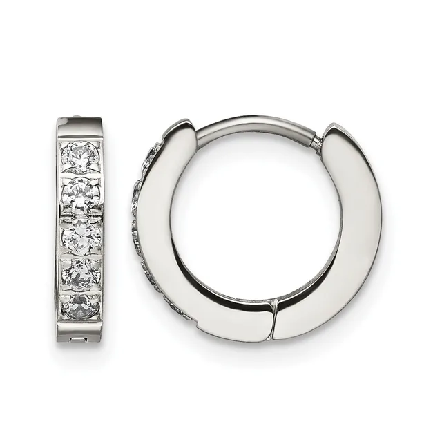 A pair of silver hoop earrings with one featuring a row of round diamonds set along the front and the other plain polished, shown from the front and side view.