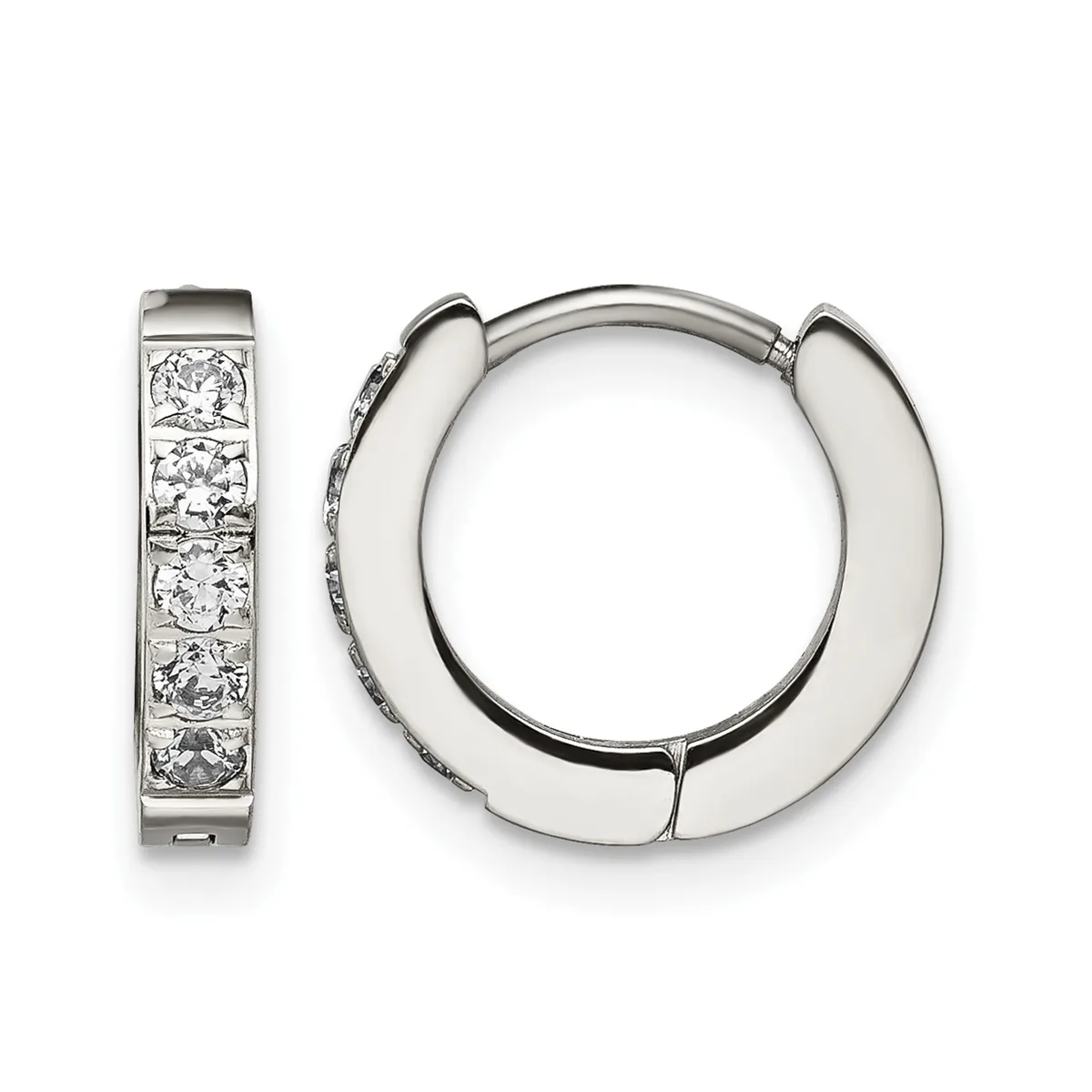 A pair of silver hoop earrings with one featuring a row of round diamonds set along the front and the other plain polished, shown from the front and side view.