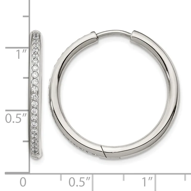Silver hoop earrings with crystal pave detailing on one side, shown from front and side view with measurement scale.