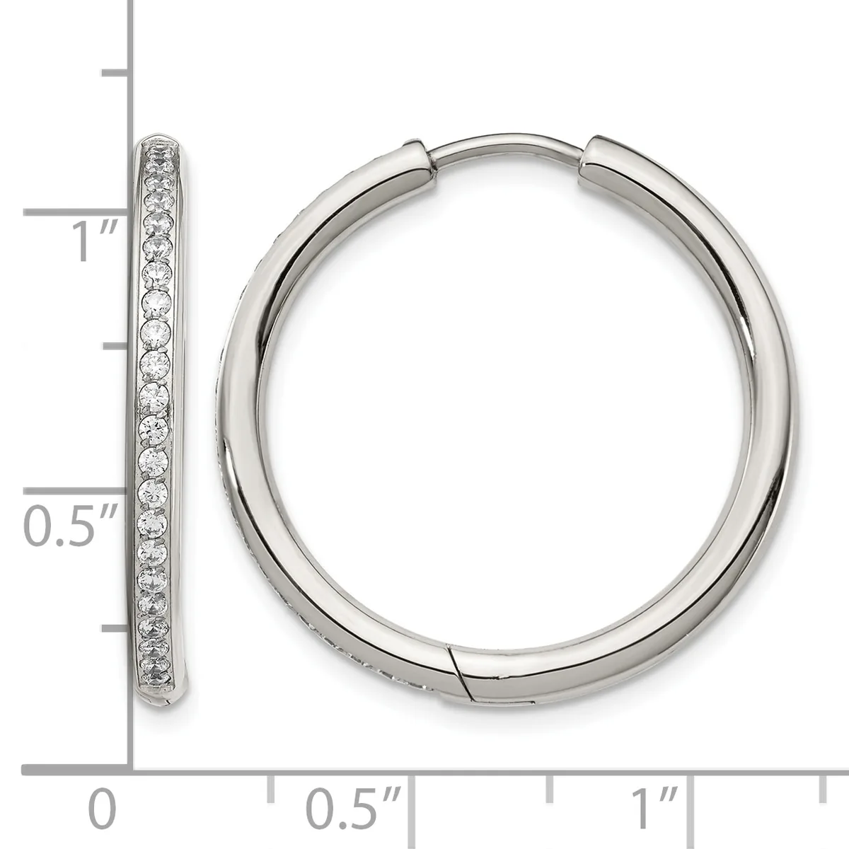Silver hoop earrings with crystal pave detailing on one side, shown from front and side view with measurement scale.