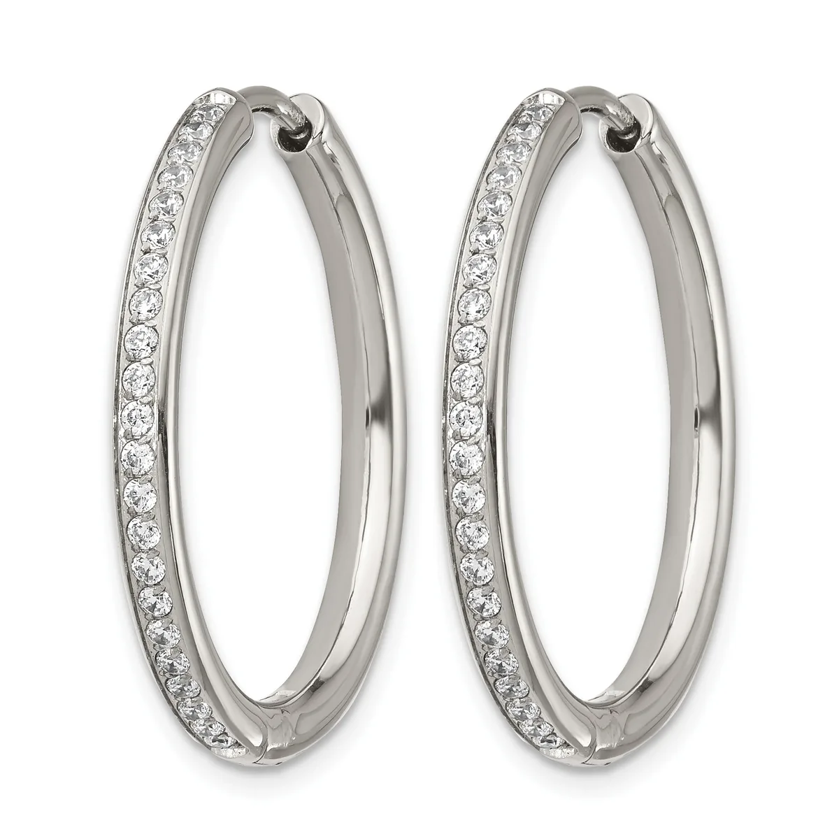 A pair of silver hoop earrings with crystal or diamond accents set along the outer edge, shown against a white background.