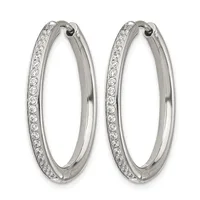 A pair of silver hoop earrings with crystal or diamond accents set along the outer edge, shown against a white background.