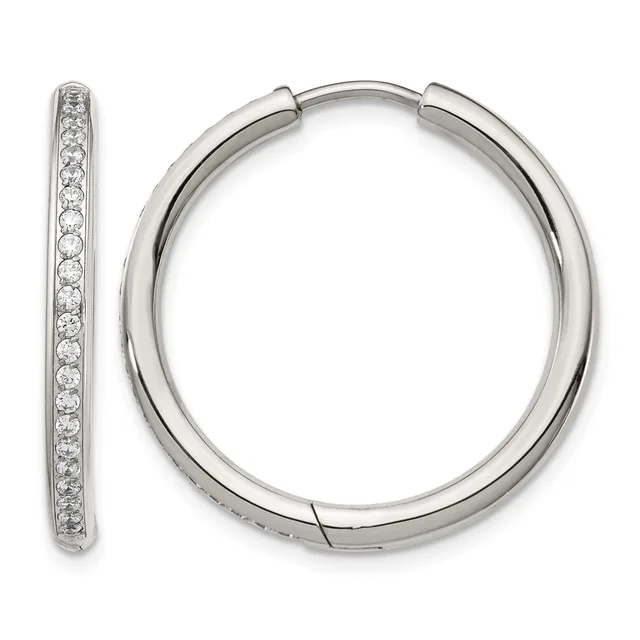 A pair of silver hoop earrings with a hinged closure, one shown from the front and one from the side, both lined with small round diamonds along the outer edge.