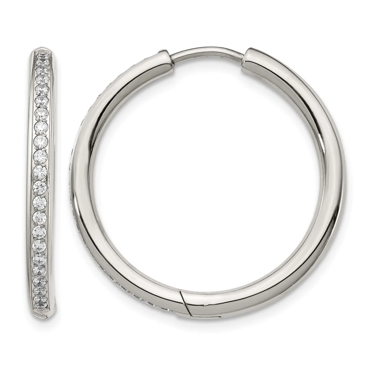 A pair of silver hoop earrings with a hinged closure, one shown from the front and one from the side, both lined with small round diamonds along the outer edge.