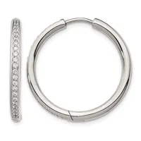 A pair of silver hoop earrings with a hinged closure, one shown from the front and one from the side, both lined with small round diamonds along the outer edge.