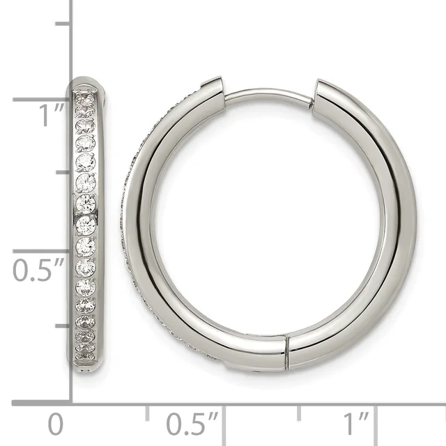 Silver hoop earrings with diamond accents along the front, shown with a measurement scale indicating approximately one inch in length.
