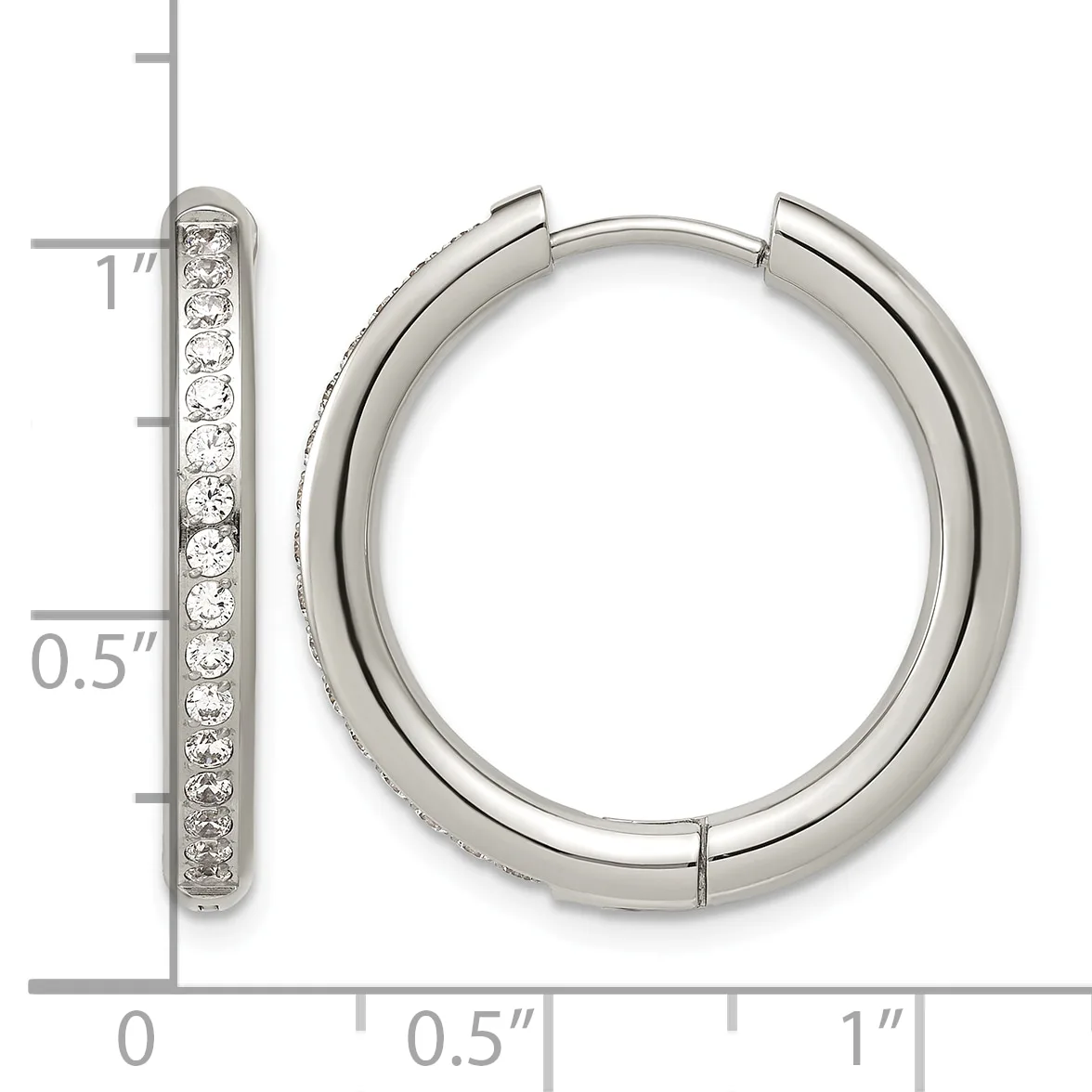 Silver hoop earrings with diamond accents along the front, shown with a measurement scale indicating approximately one inch in length.