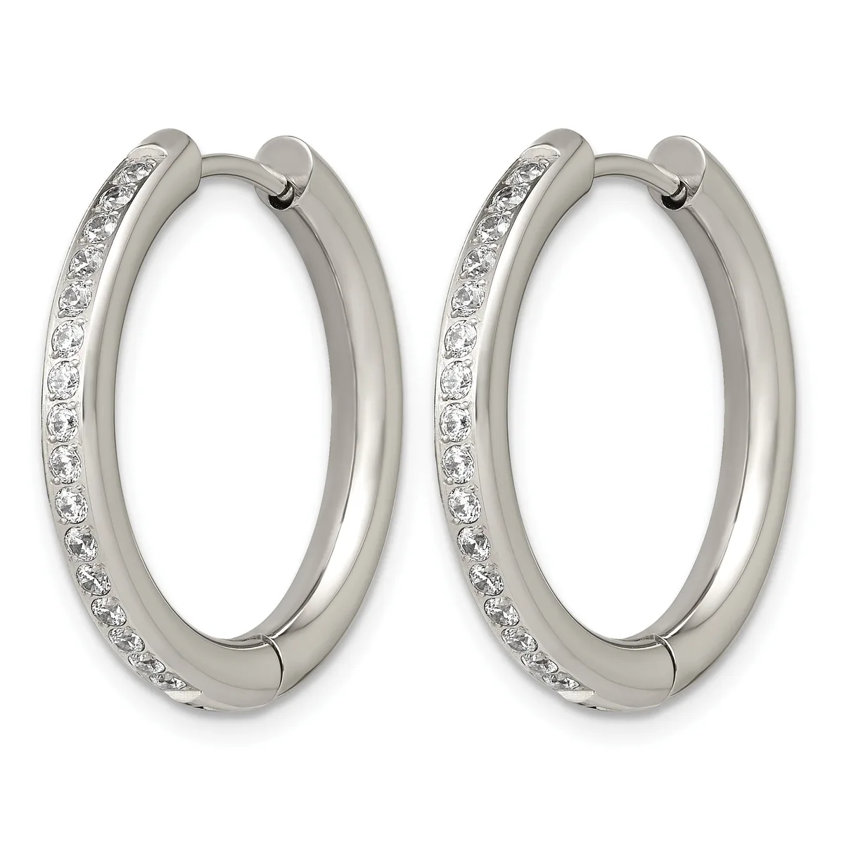 A pair of silver hoop earrings with diamond accents along the outer edge, shown against a white background.