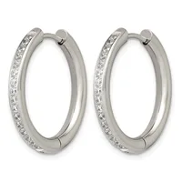 A pair of silver hoop earrings with diamond accents along the outer edge, shown against a white background.