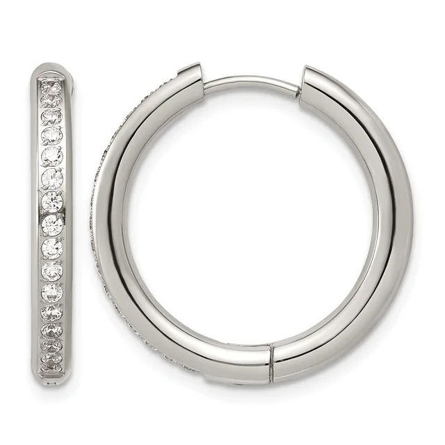Pair of silver hoop earrings with hinged closures, one displayed open and one closed, both lined with small round diamonds along the inner edge.