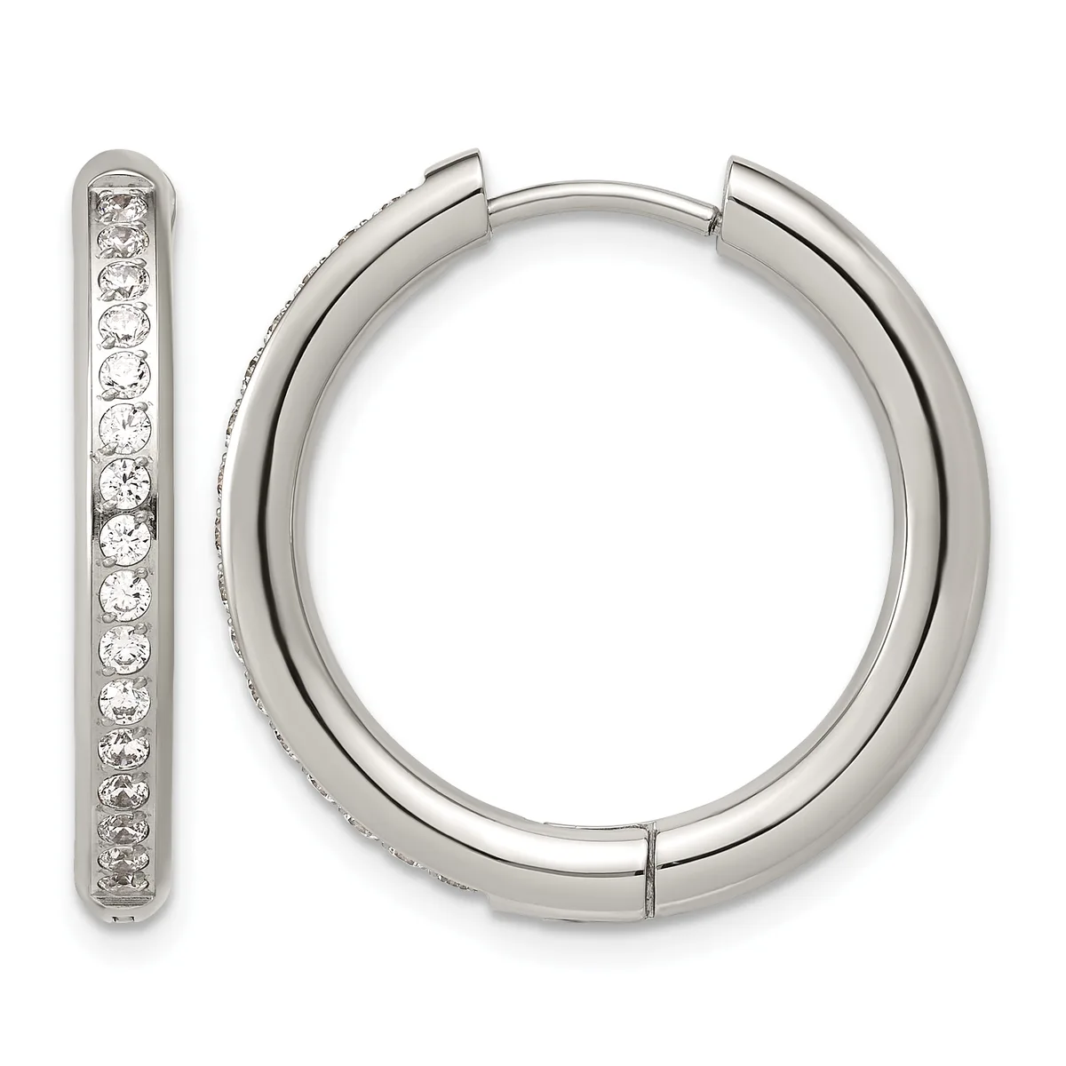 Pair of silver hoop earrings with hinged closures, one displayed open and one closed, both lined with small round diamonds along the inner edge.