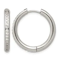 Pair of silver hoop earrings with hinged closures, one displayed open and one closed, both lined with small round diamonds along the inner edge.
