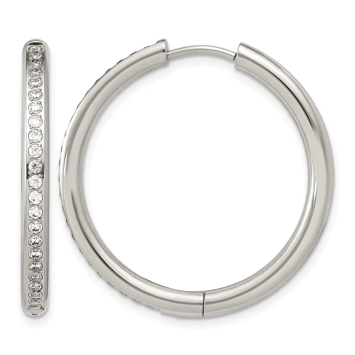 A pair of silver hoop earrings with a hinged closure, one earring displaying a row of round diamonds set along its outer edge.