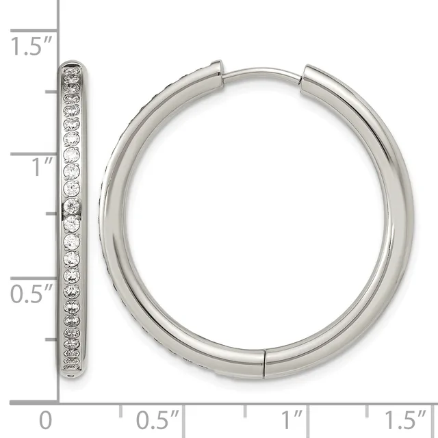 Silver hoop earrings with hinged closures, featuring a row of round diamonds set along the outer edge, shown front and side view with measurement scale.