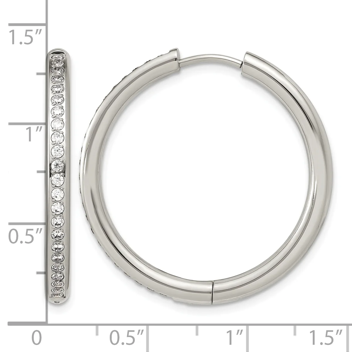 Silver hoop earrings with hinged closures, featuring a row of round diamonds set along the outer edge, shown front and side view with measurement scale.