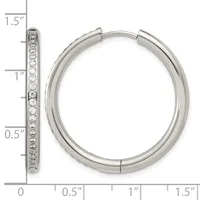 Silver hoop earrings with hinged closures, featuring a row of round diamonds set along the outer edge, shown front and side view with measurement scale.