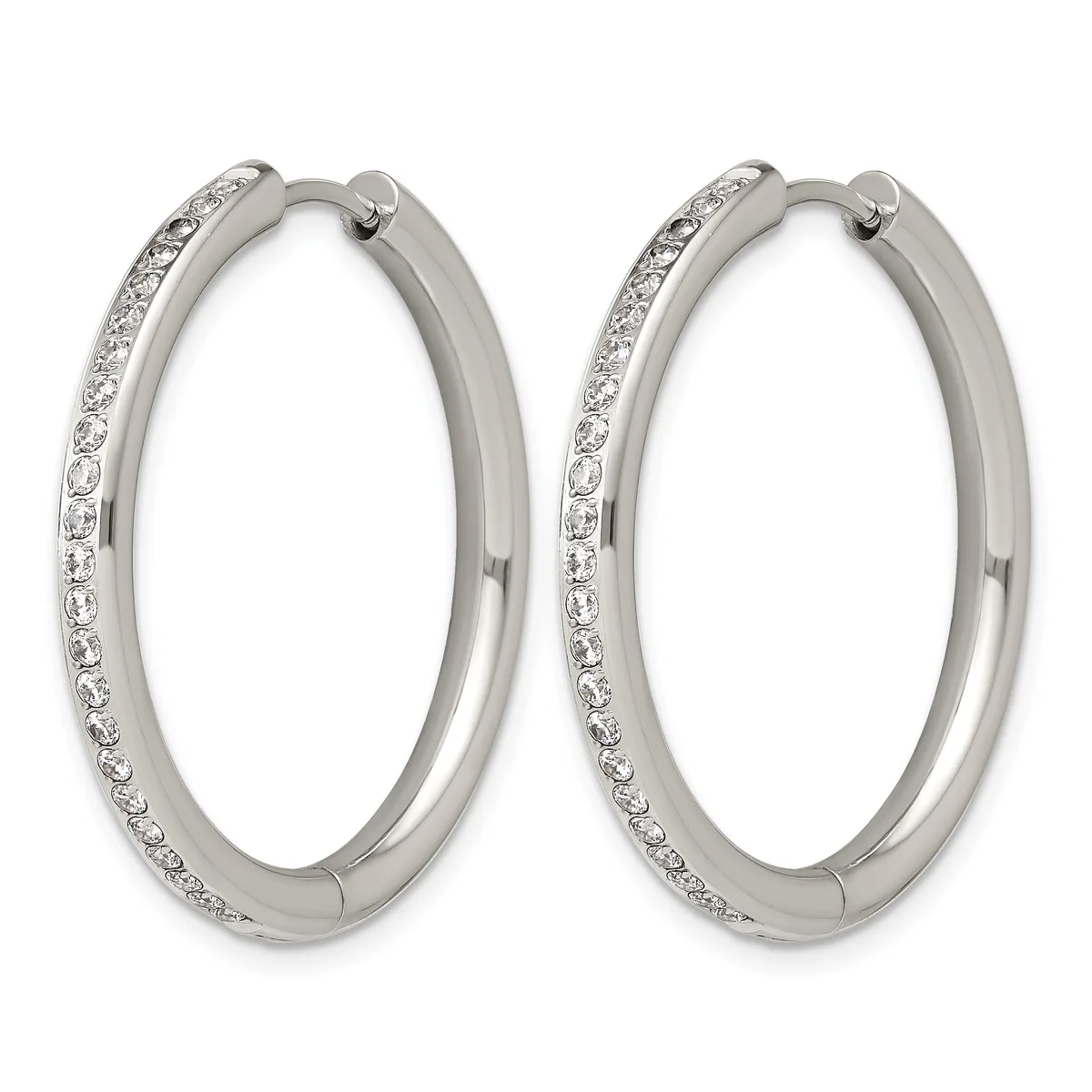 A pair of silver-tone hoop earrings with crystal rhinestones set along the outer edges, shown against a white background.