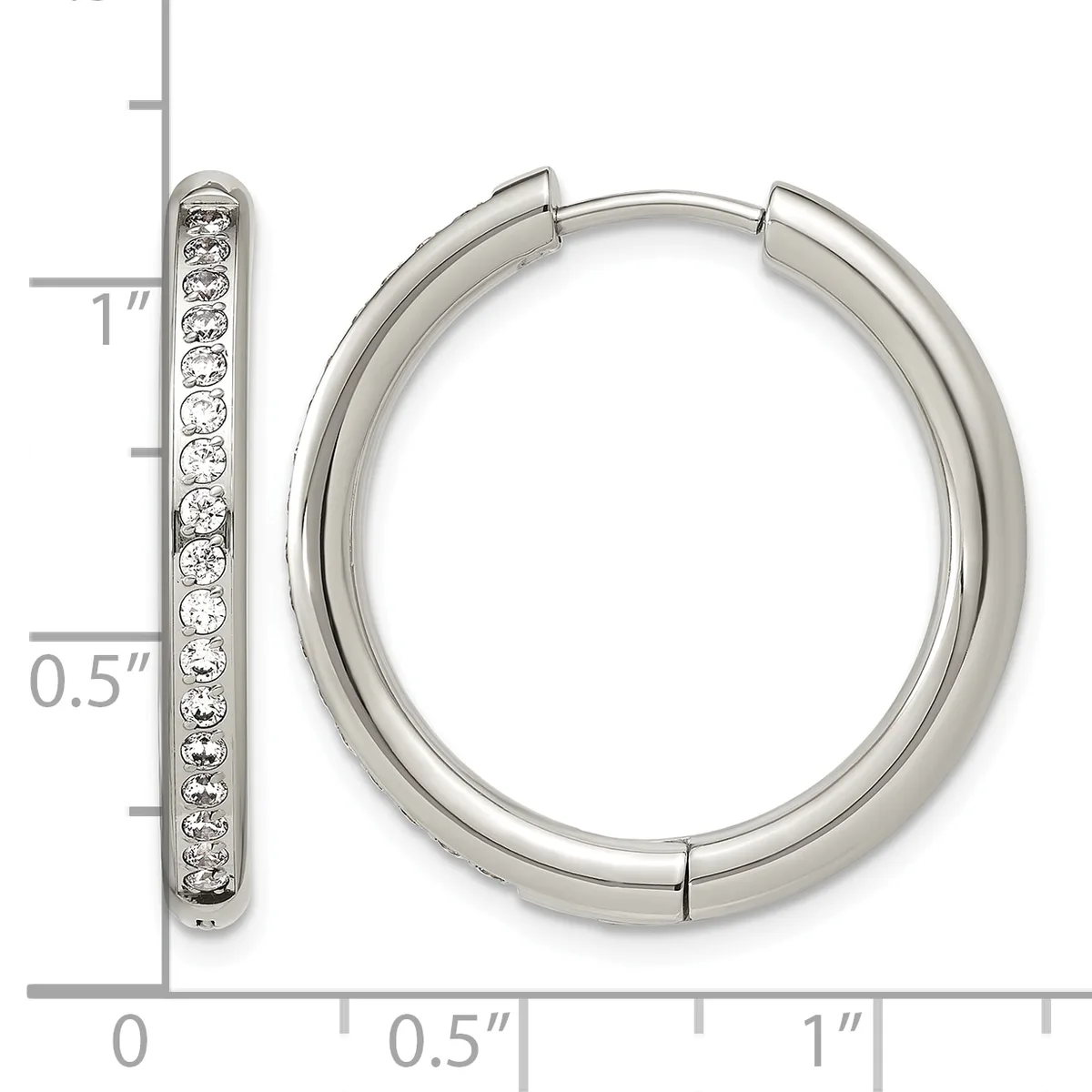 Silver hoop earrings with diamond accents shown next to a ruler measuring approximately one inch in diameter.
