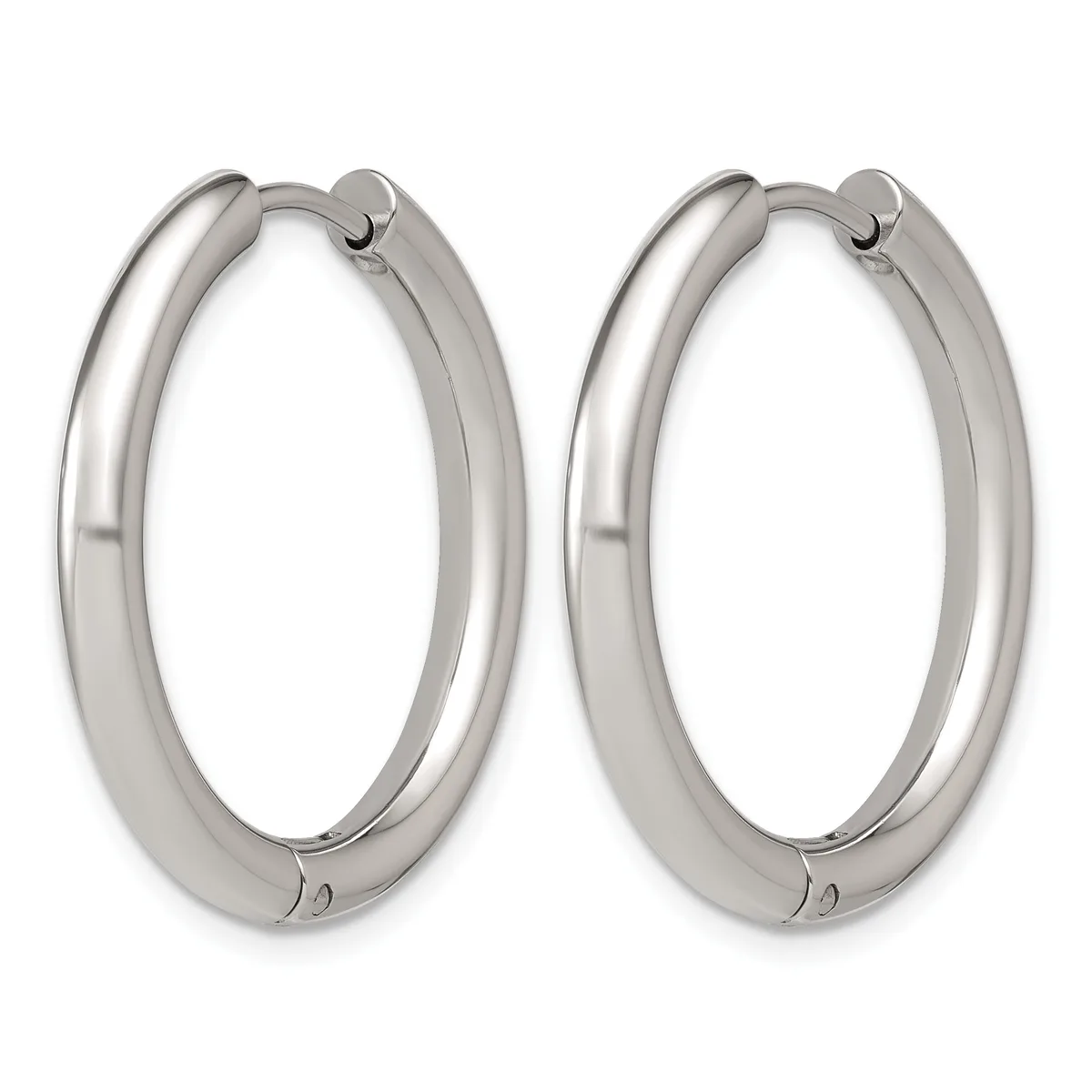 A pair of polished silver-toned chunky hoop earrings with hinged closures, displayed side by side against a white background.