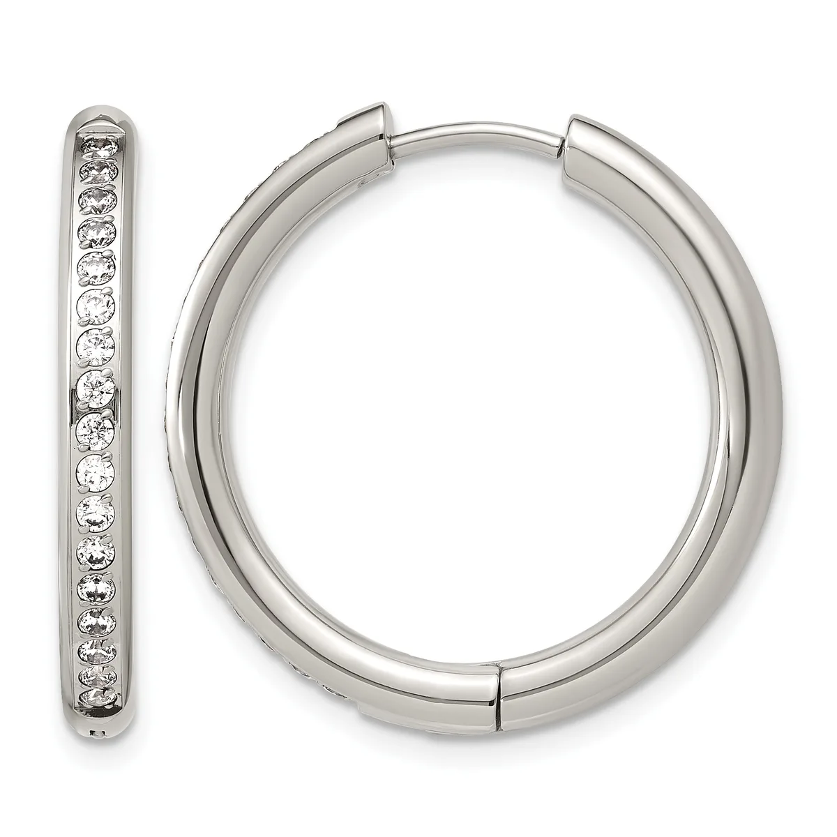 A pair of silver hoop earrings with hinged closures, one shown from the front and one displaying diamond or crystal stone settings along its inner surface.