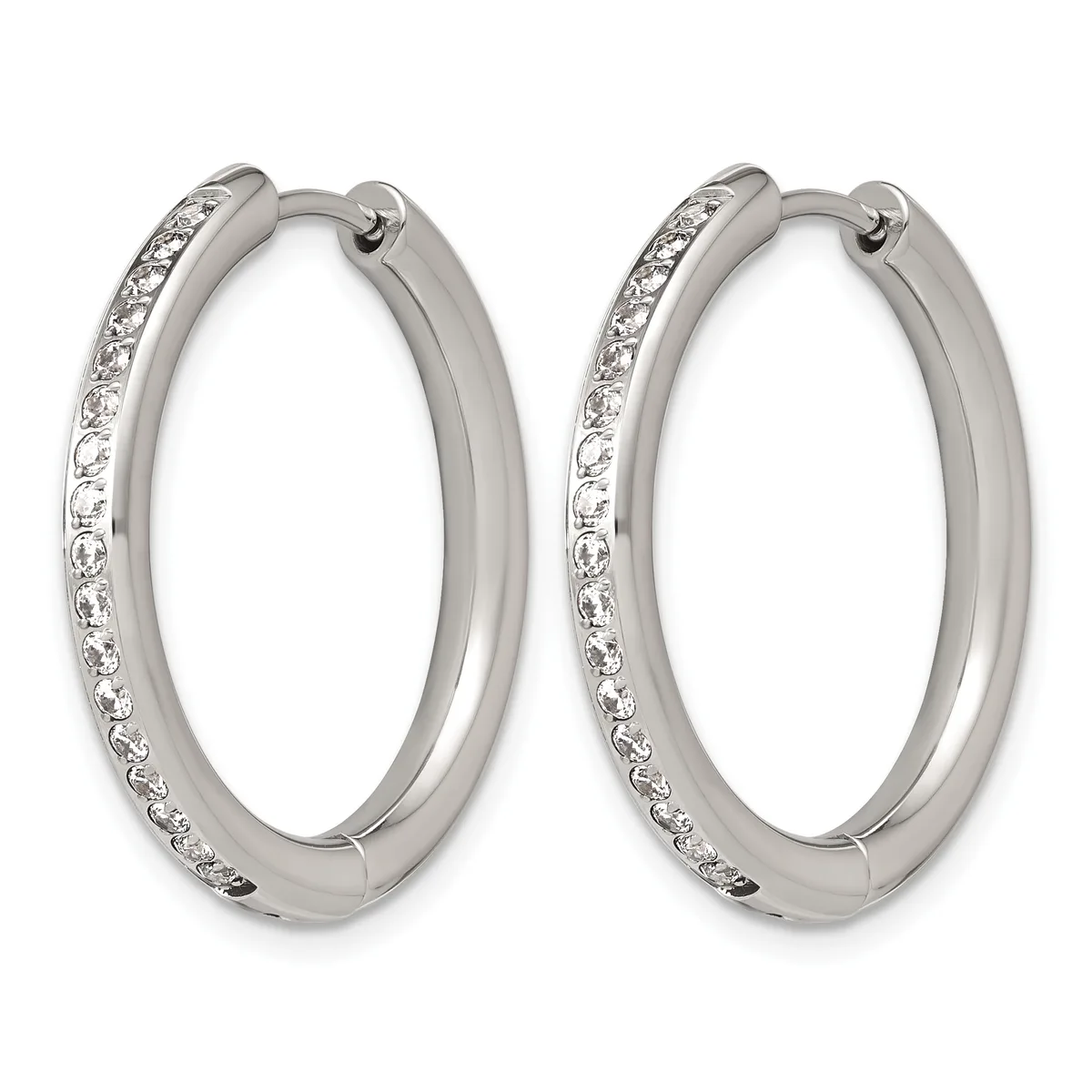 Pair of silver hoop earrings with diamond accents along the outer edge, shown against a white background.