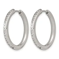 Pair of silver hoop earrings with diamond accents along the outer edge, shown against a white background.